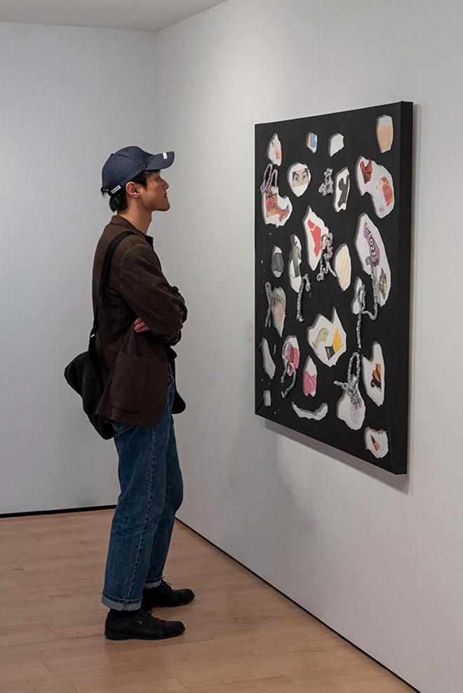 person viewing the artwork on display